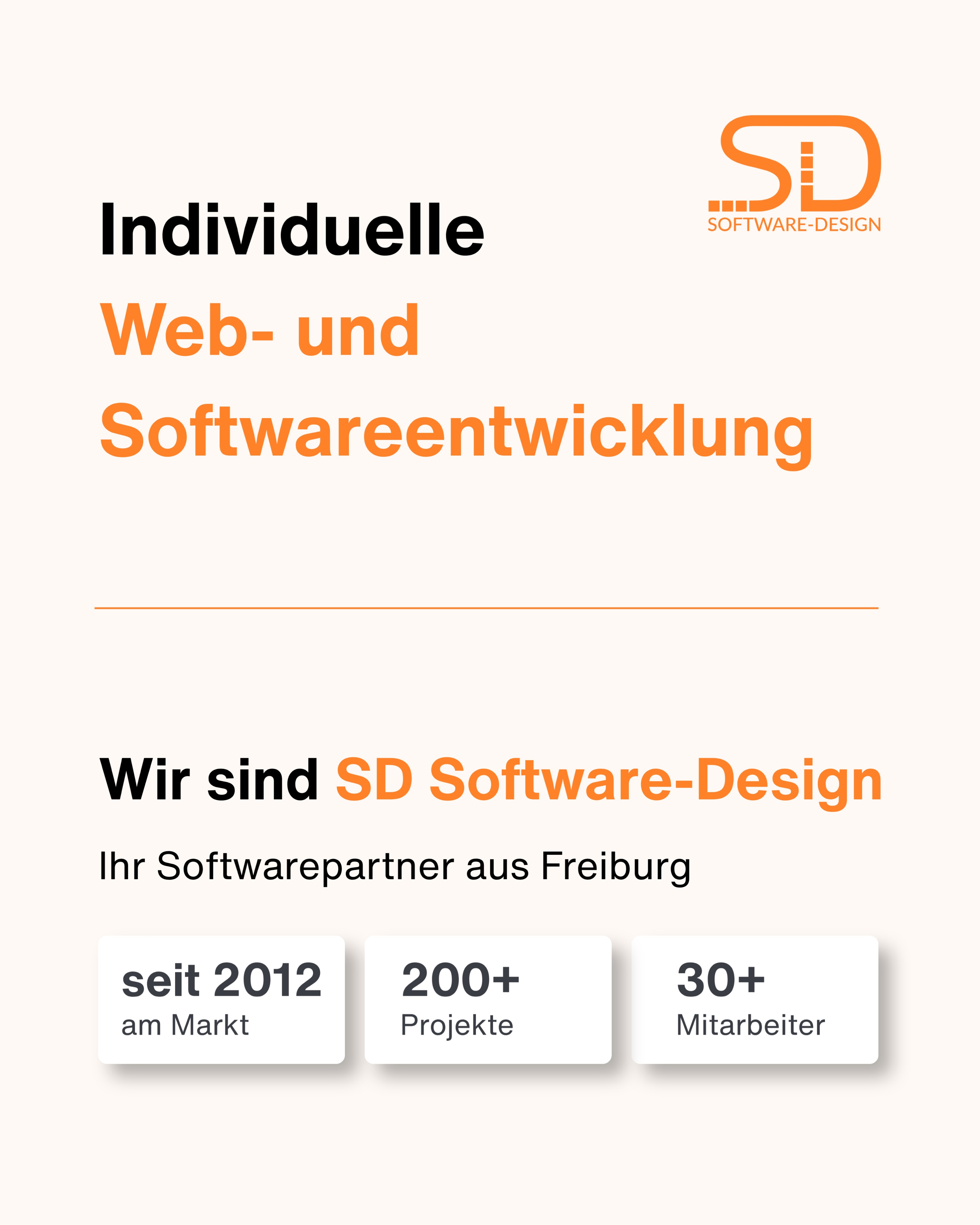Individuelle Software statt Lösungen von der Stange 🧡

Wir sind SD Software-Design, Ihr Softwarepartner aus Freiburg. Seit 2012 entwickeln wir Web- und Softwarelösungen, die genau zu den Prozessen uns
