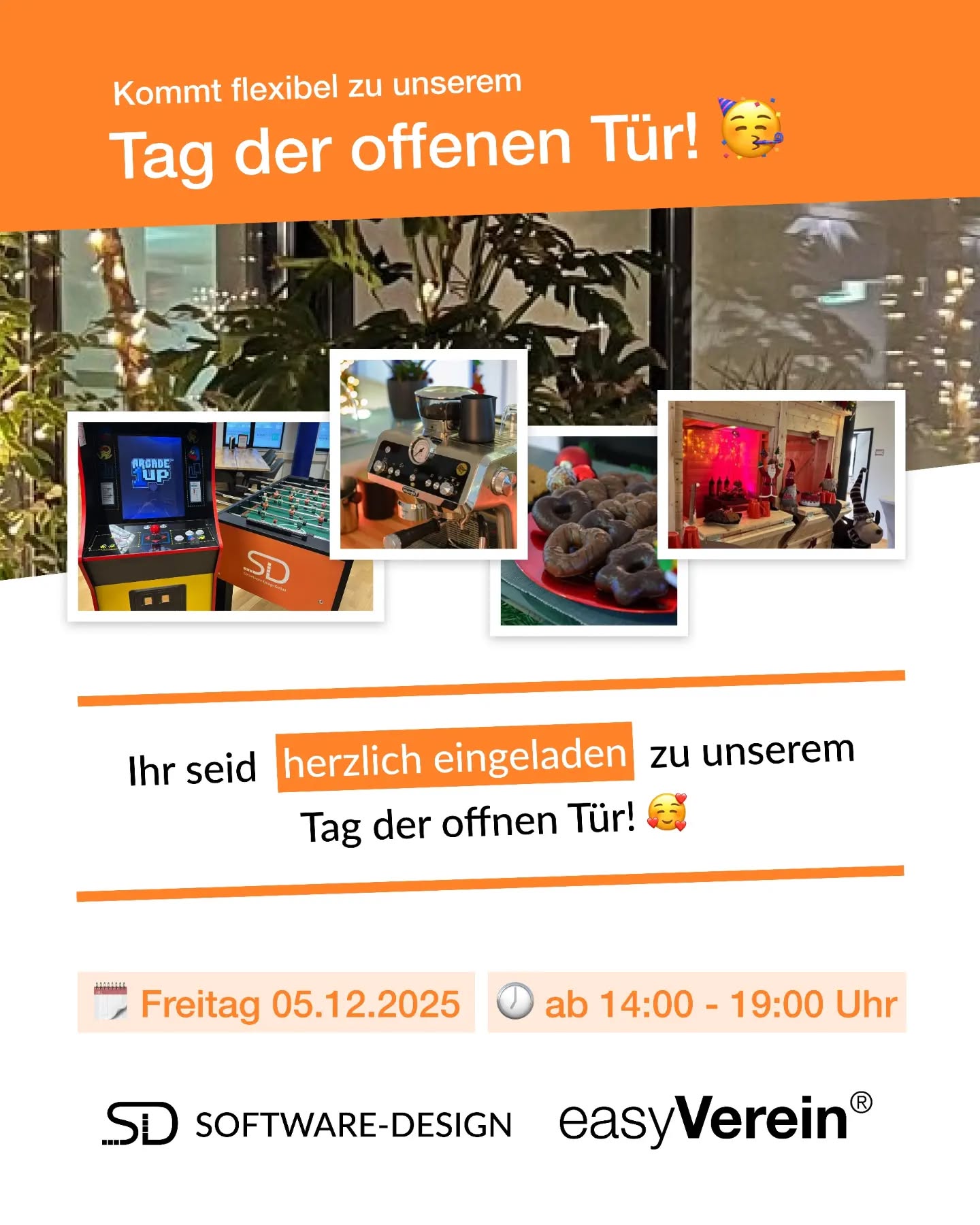 Sehr geehrte Damen und Herren,

wir möchten Sie herzlich zu unserem Tag der offenen Türe in den Räumlichkeiten der SD Software-Design GmbH einladen. Wir laden Sie ein zu einem heißen oder kalten Geträ