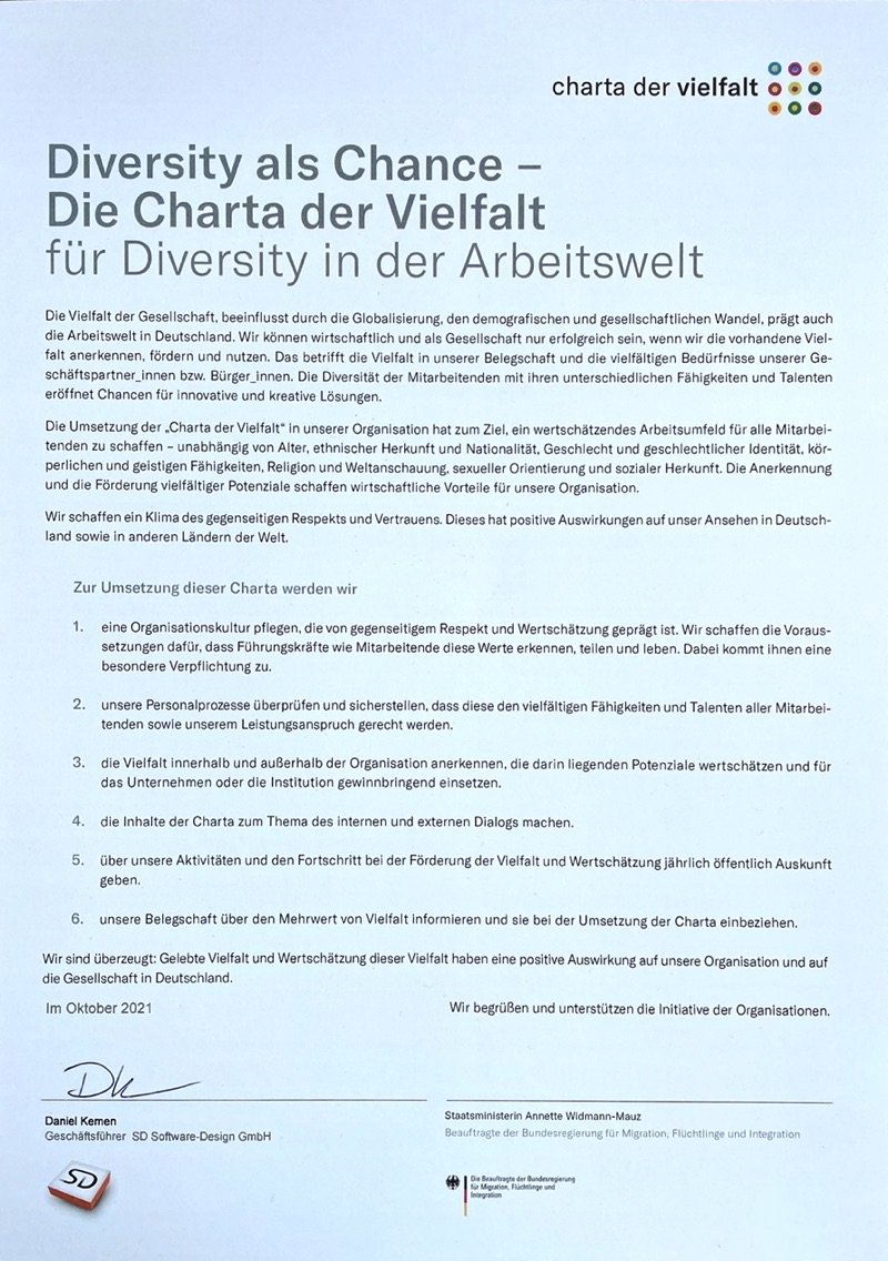 Charta der Vielfalt gezeichnet durch SD Software-Design GmbH