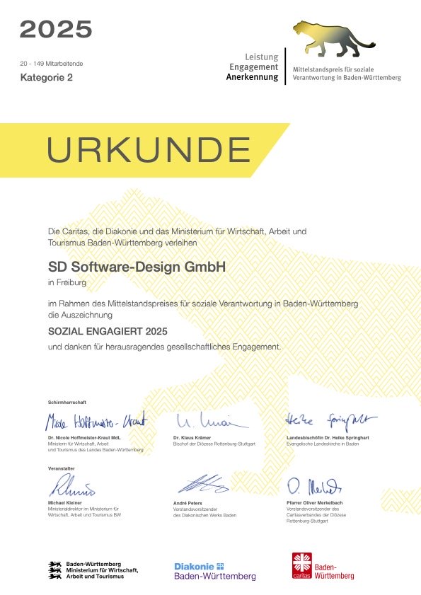LEA Mittelstandspreis für soziales Engagement 2021 für die SD Software-Design GmbH