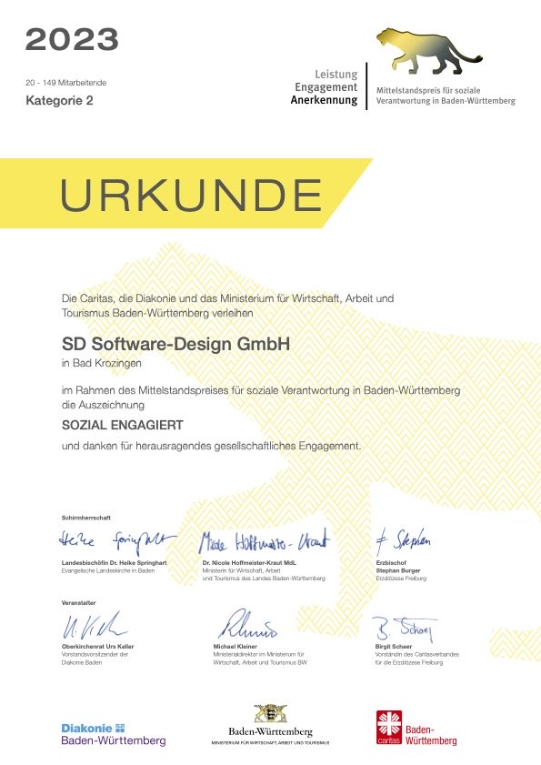 LEA Mittelstandspreis für soziales Engagement 2021 für die SD Software-Design GmbH