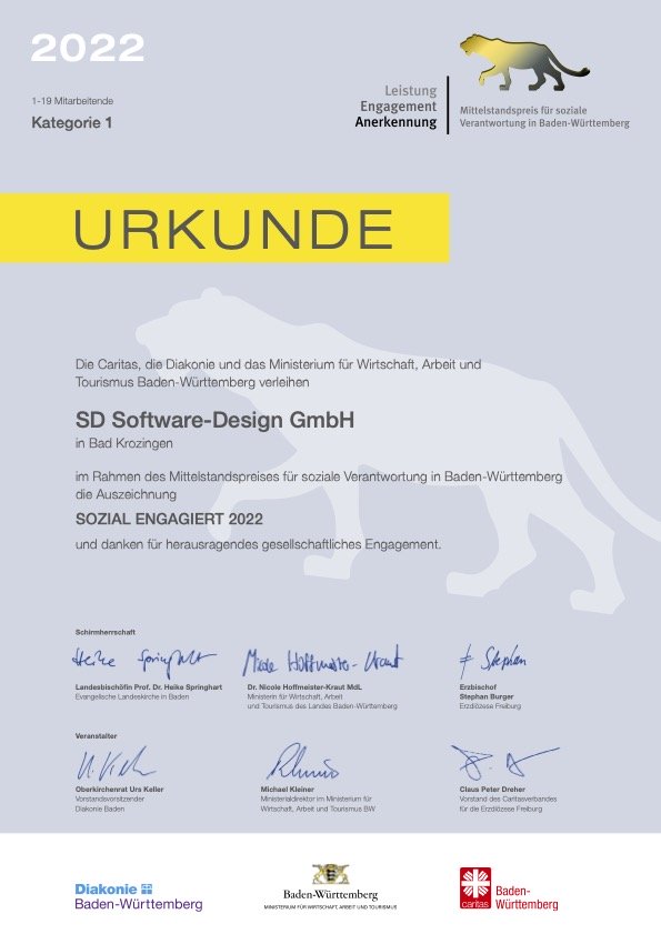 LEA Mittelstandspreis für soziales Engagement 2021 für die SD Software-Design GmbH